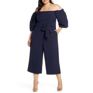 Chelsea28 Puff Sleeve Off Shoulder Navy Waist Tie Wide Leg Jumpsuit 22